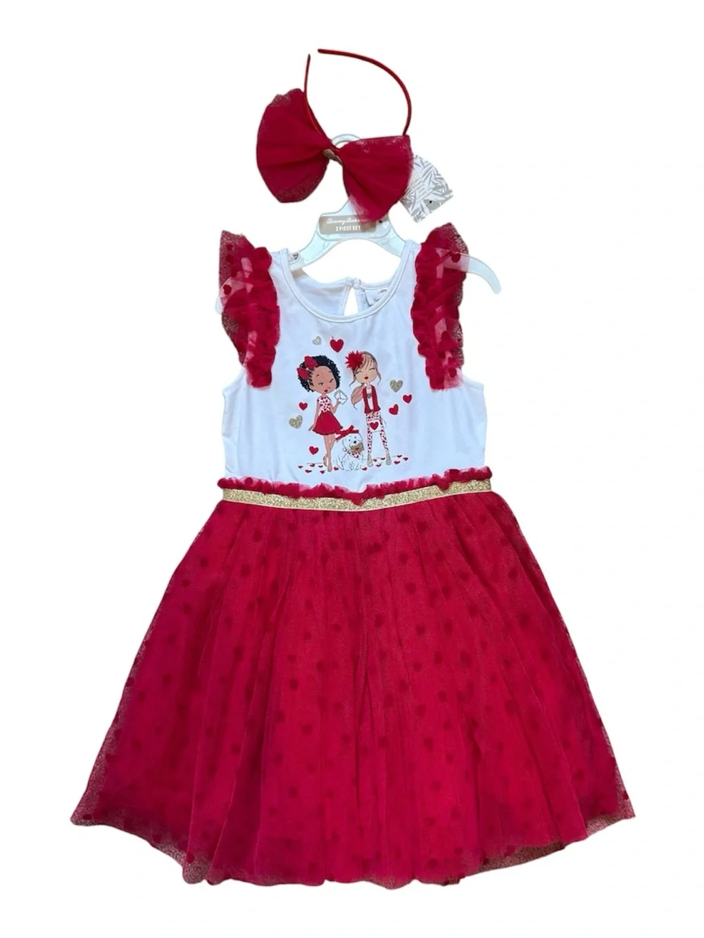 Tommy Bahama 2 Piece Girls Red White Valentine’s Tulle Dress Size 5 Headband NEW